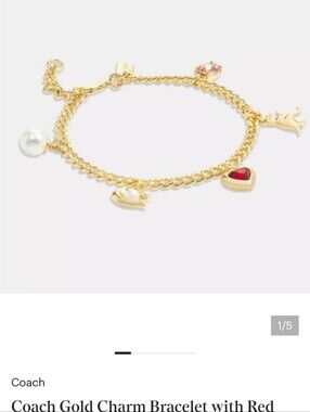 Coach Gold-Tone Charm Bracelet with Red Heart and Pearl
